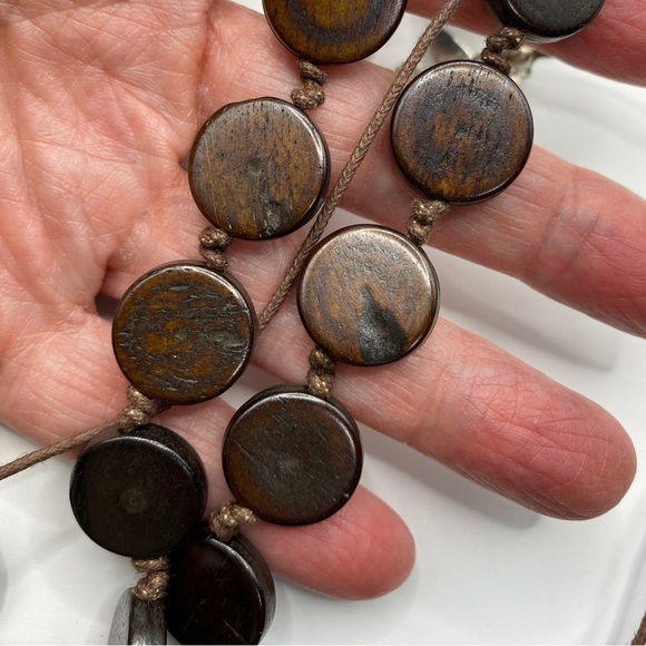 NY & Co Wood Disc Beads Boho Cord Hand Knot Necklace - Picture 5 of 7